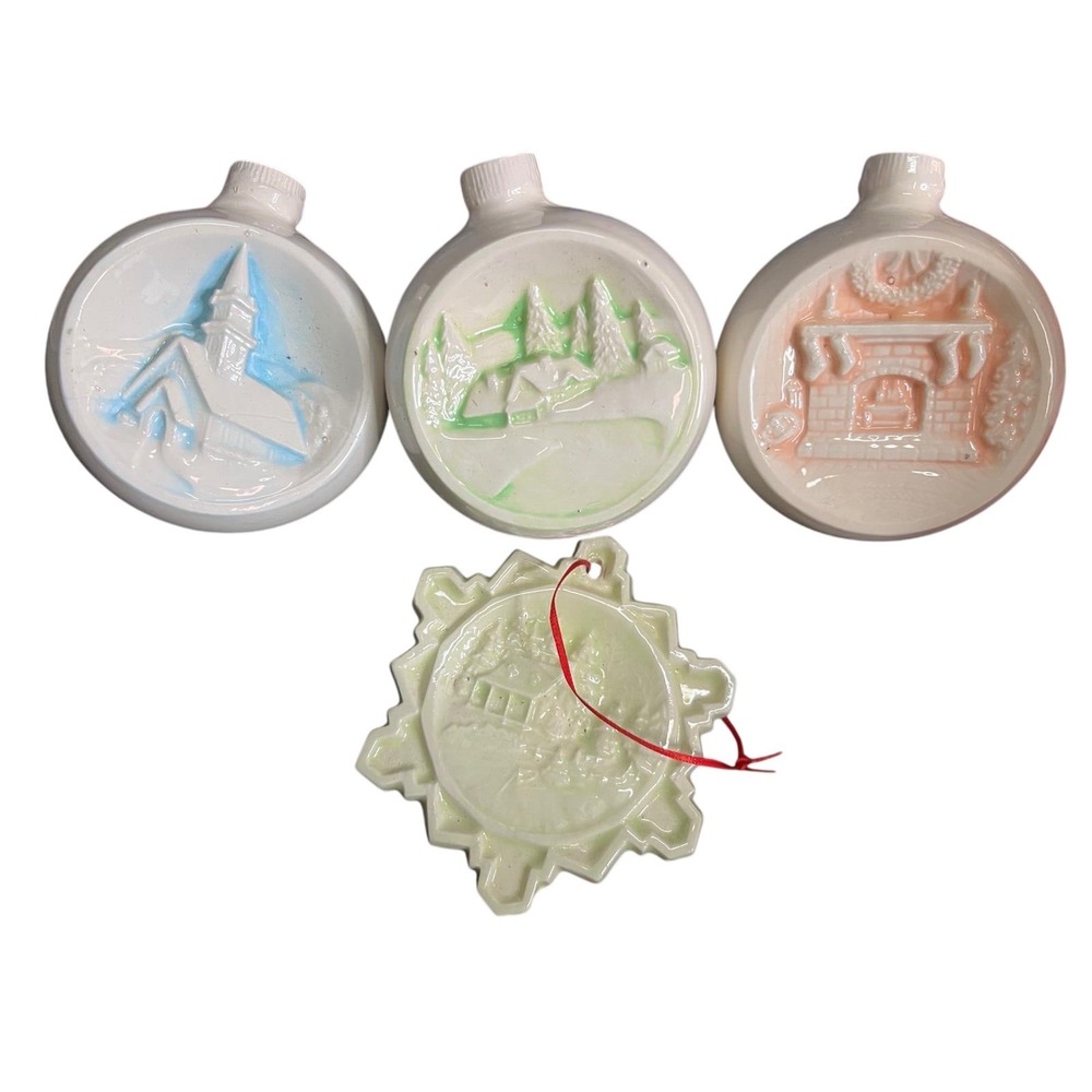 Duncan Ceramic 1975 Christmas Ornaments Fireplace Cabin Church Snowflake